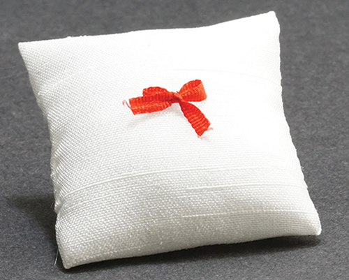 Dollhouse miniature PILLOW, WHITE WITH RED BOW